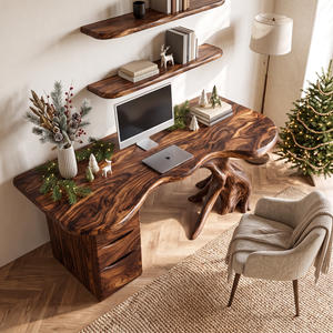 Live Edge Solid Wood Desk with Sculptural Tree Base and Three Drawer Storage