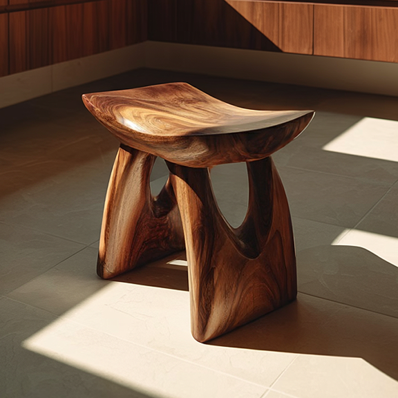 Sculptural Solid Wood Stool with Organic Modern Form
