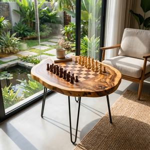 Handcrafted Solid Wood Chess Coffee Table with Organic Slab Top and Hairpin Legs