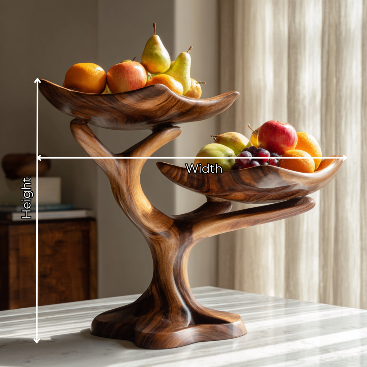 Handmade Wave Edge Solid Wood Fruit Bowl with Two-Tier Sculptural Stand