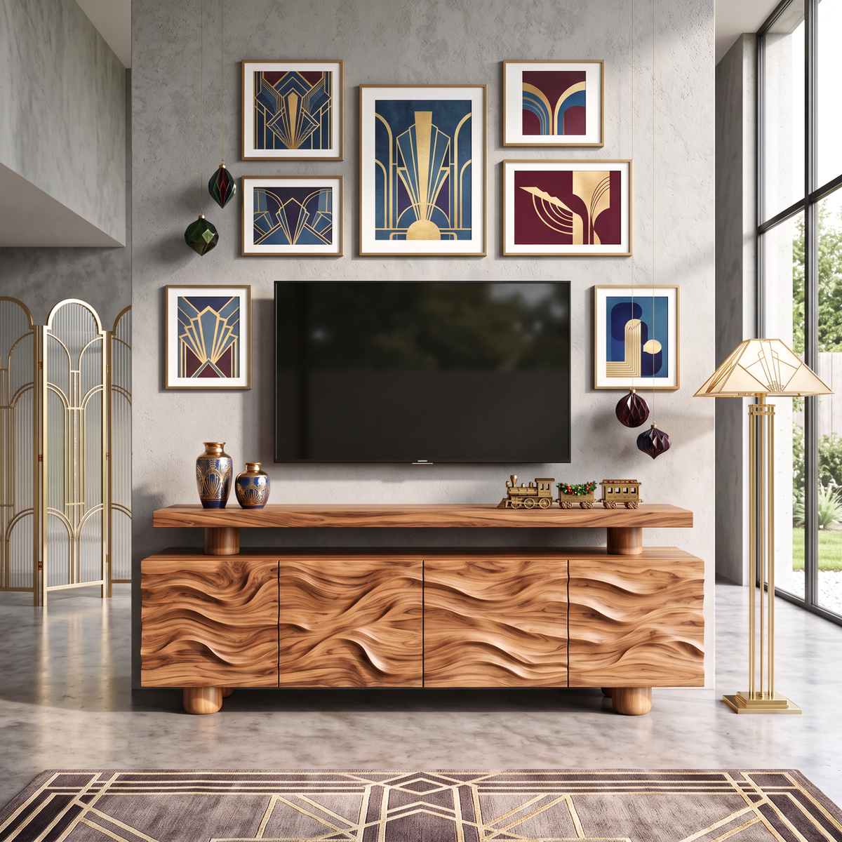 TV Stand with Raised Floating Top and Hand Carved Wave Cabinet Doors