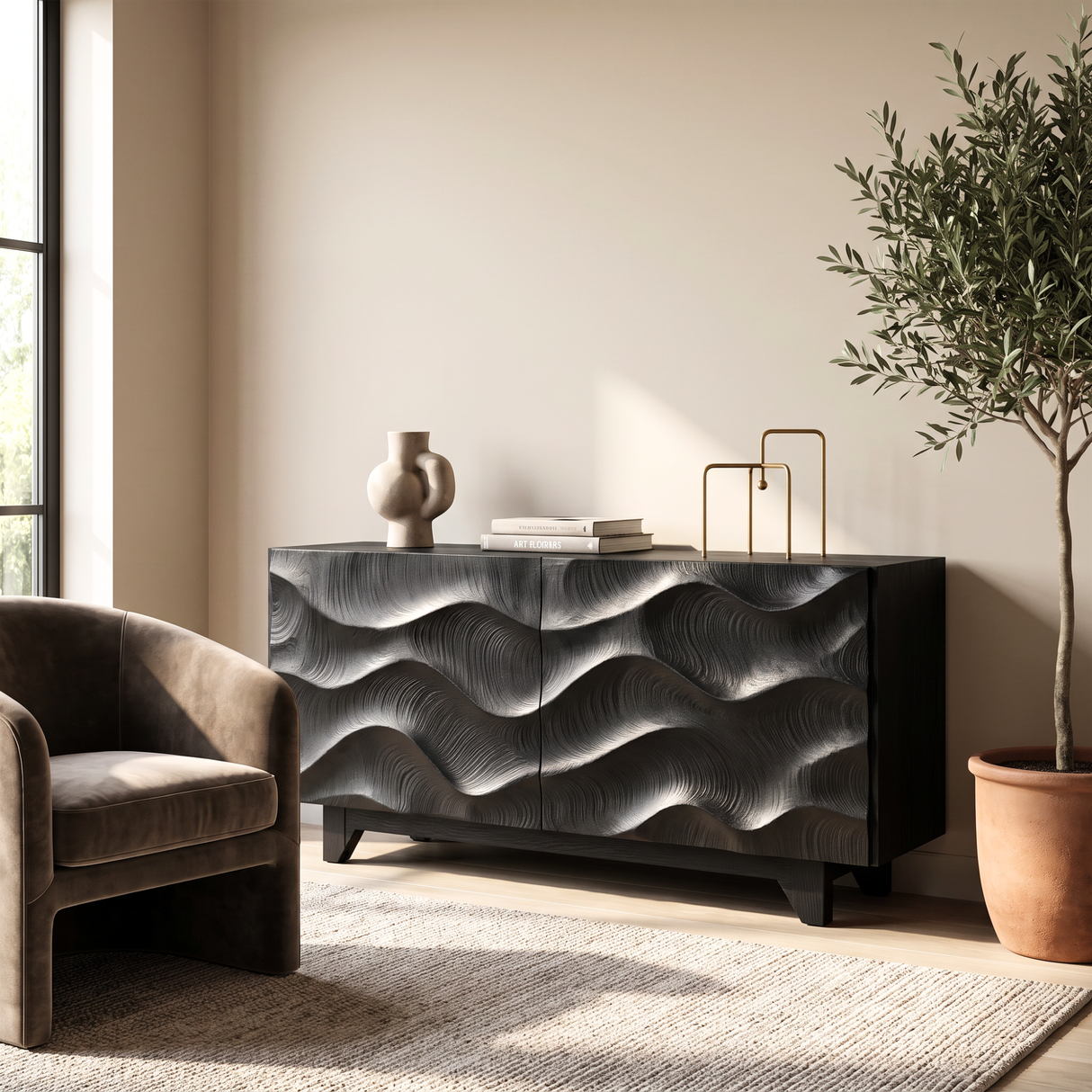 Sideboard Solid Wood with Sculptural Flowing Wave Relief Doors for Entryway Decor