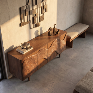 Sculpted Wave Front Wood Sideboard Cabinet for Living Room or Dining Room