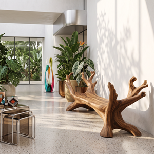 Sculptural Solid Wood Garden Bench with Branch Inspired Frame