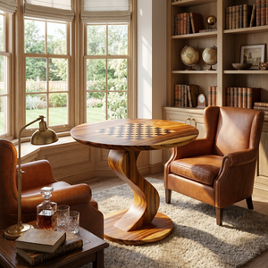 Solid Wood Round Chess Table with Curved Sculptural Pedestal Base