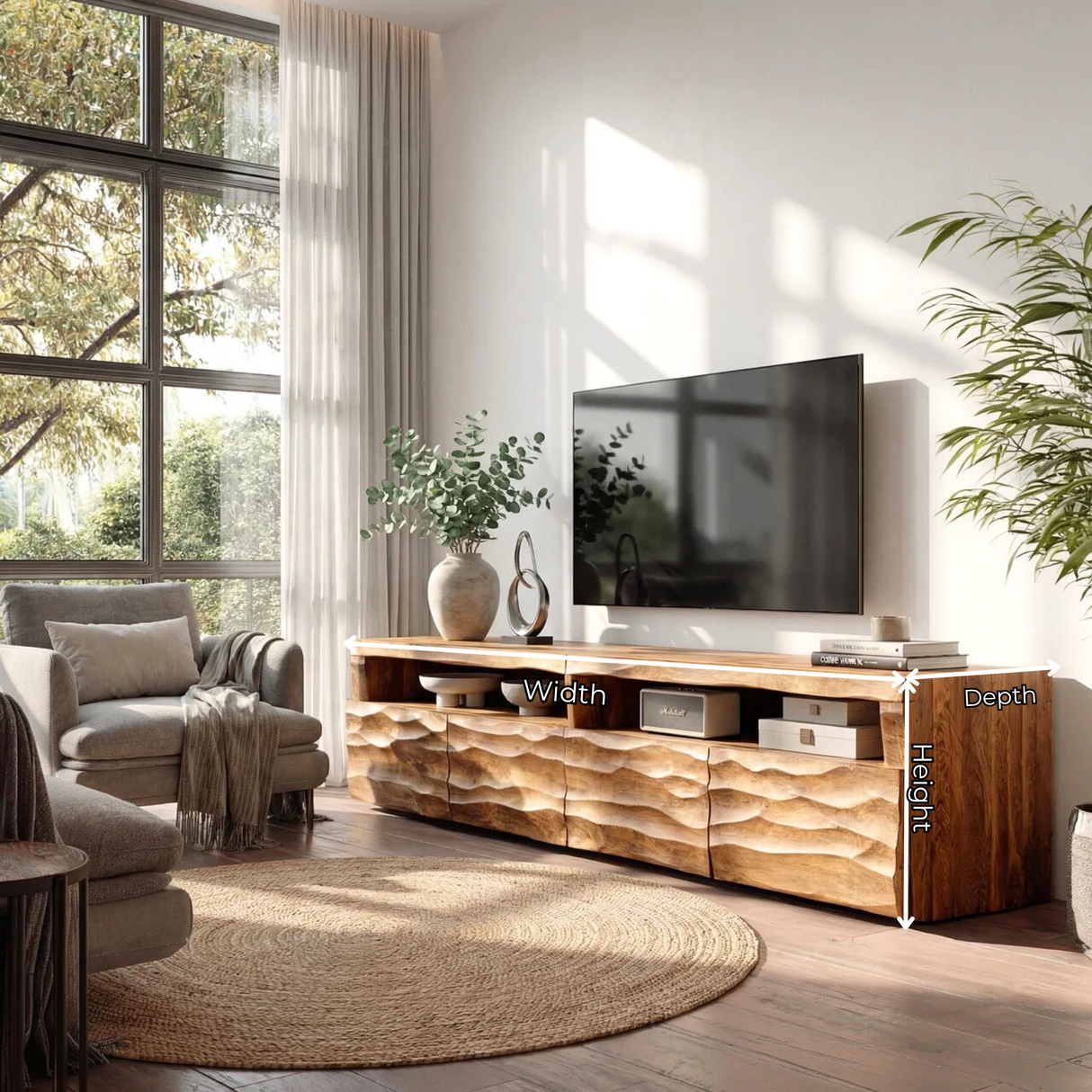 Sculptural Solid Wood TV Cabinet with Hand-Carved Wave Front