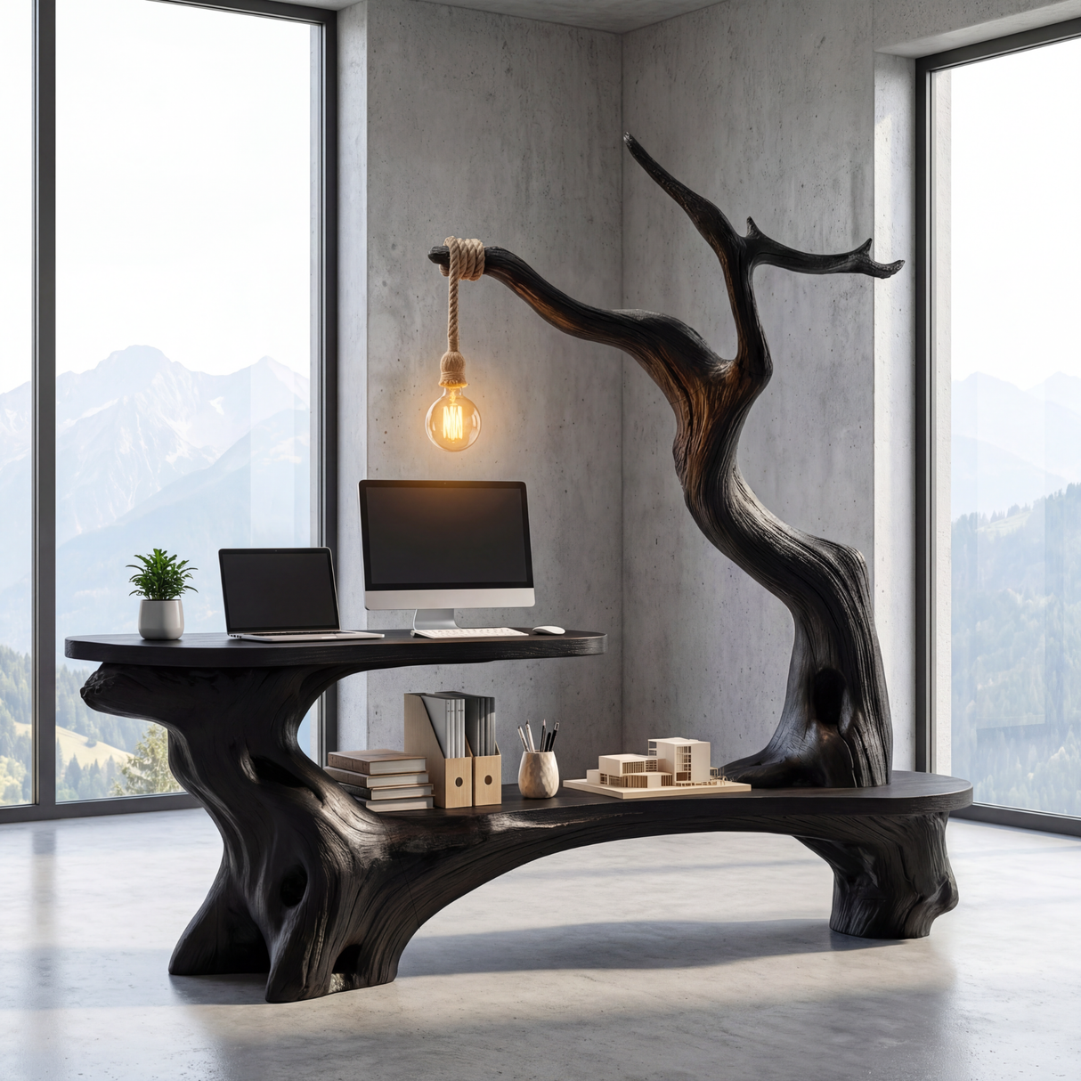 Sculptural Solid Wood Desk with Hanging Light Tree Inspired Writing Table Organic Modern Workspace