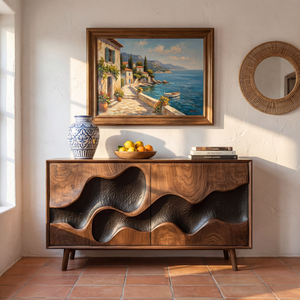 Sculpted Hollow Wave Front Wood Sideboard Cabinet for Living Room or Dining Room