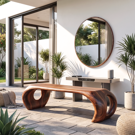 Bench Solid Wood with Sculptural Loop Base and Flowing Organic Live Edge Seat