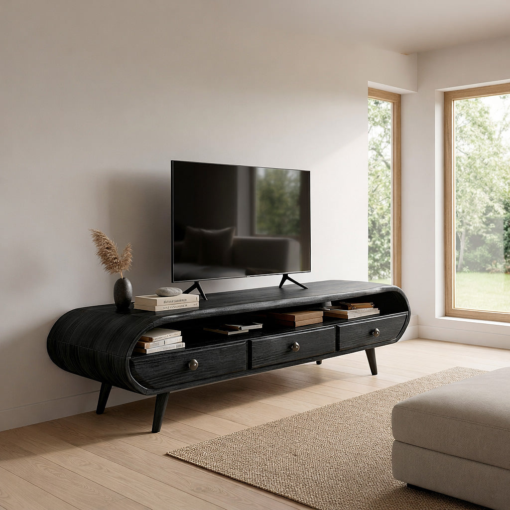 Organic Modern Curved Solid Wood TV Stand Handcrafted Natural Wood Media Console with Drawers