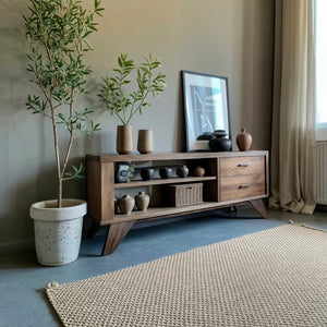 Solid Wood Sideboard with Open Shelves and Storage Drawers