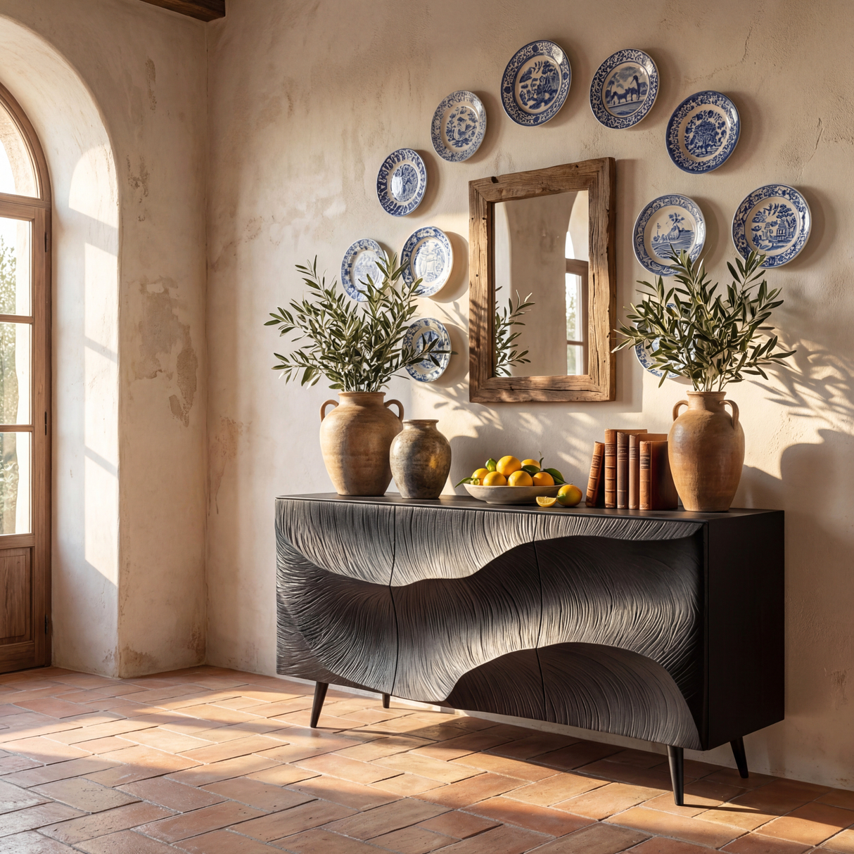 Sculpted Black Feather Front Wood Sideboard Cabinet for Modern Living and Dining Rooms