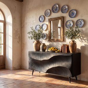 Sculpted Black Feather Front Wood Sideboard Cabinet for Modern Living and Dining Rooms