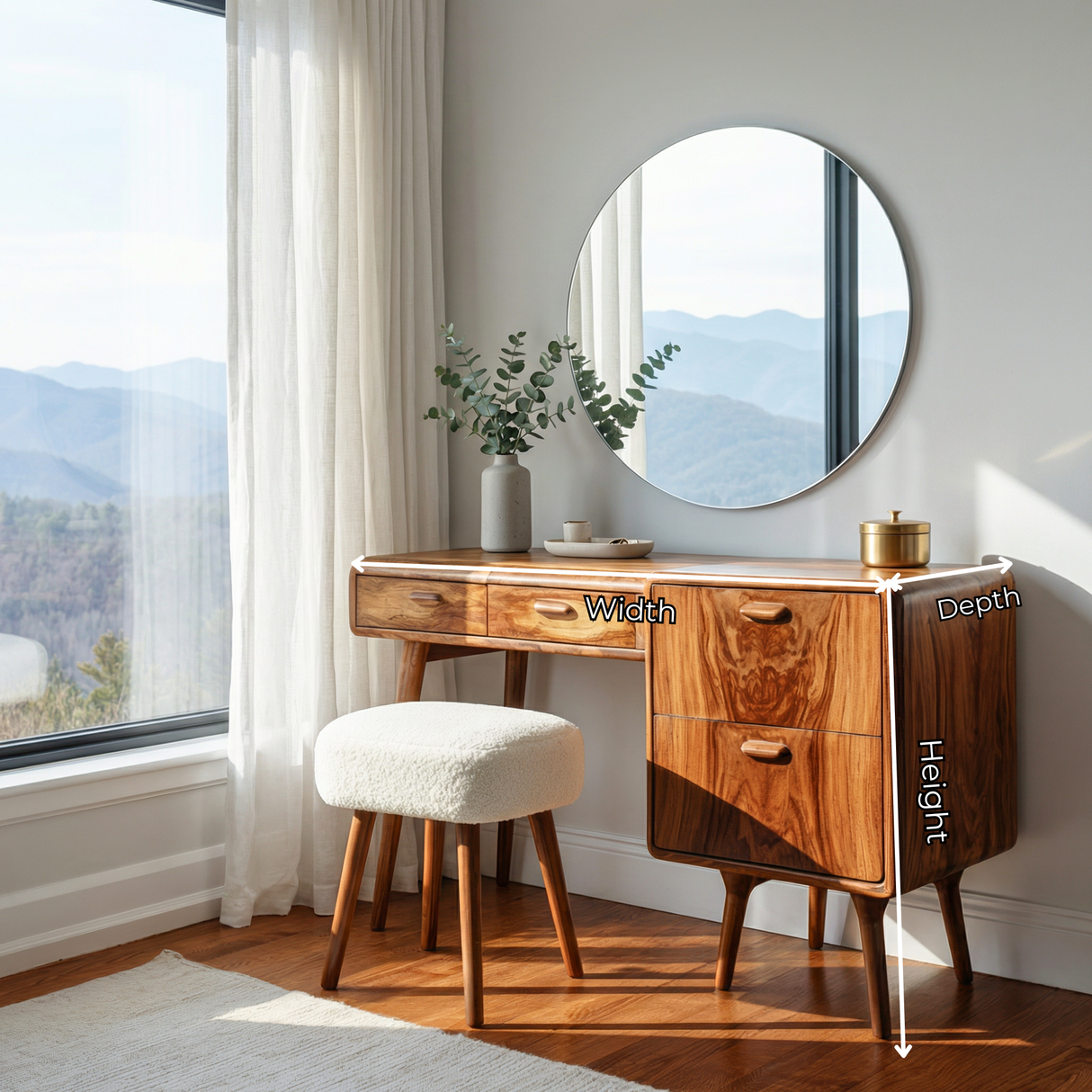 Wood Vanity Table with Side Storage Drawers, Mid Century Modern Dressing Table for Bedroom