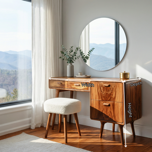 Wood Vanity Table with Side Storage Drawers, Mid Century Modern Dressing Table for Bedroom