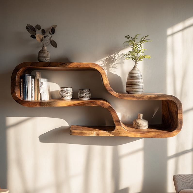 Organic Solid Wood Curved Floating Shelf for Living Room