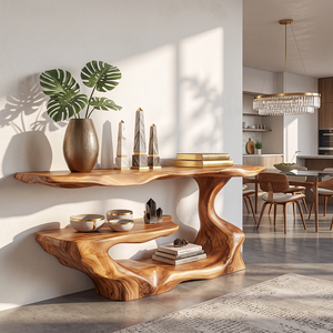 Handcrafted Solid Wood Console Table with Asymmetrical Tiered Shelves