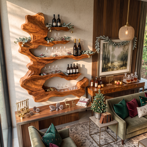 Handcrafted Solid Wood Wine Rack with Sculptural Floating Shelves
