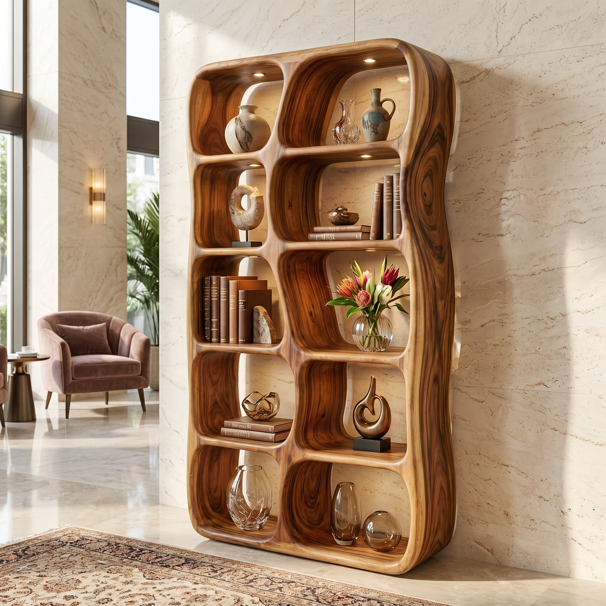 Sculptural Solid Wood Bookshelf with Organic Open Niches