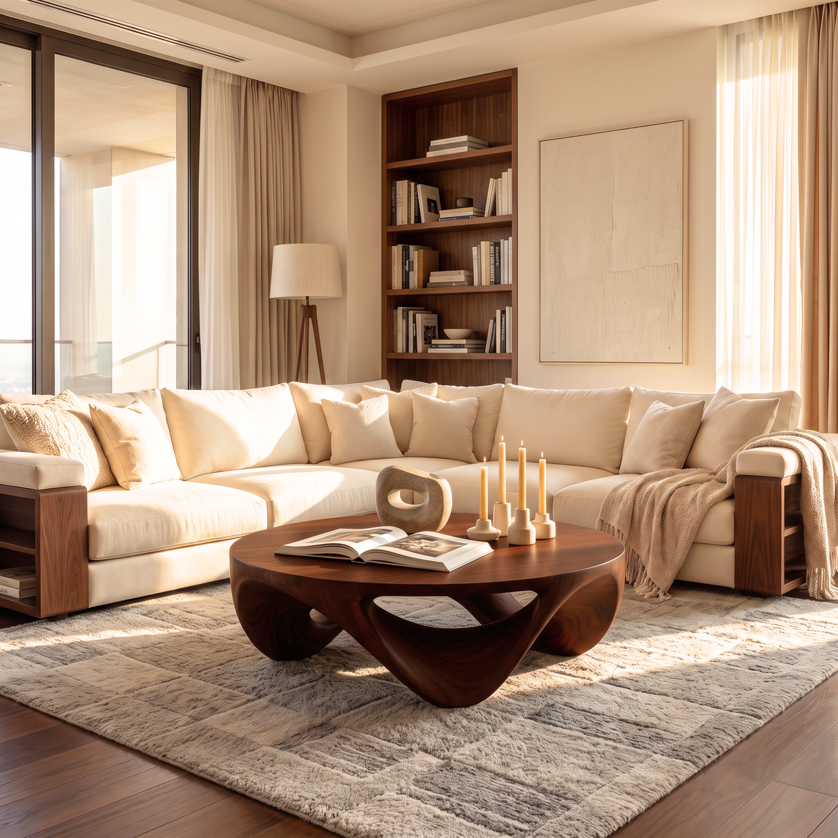 Coffee Table Solid Wood with Sculptural Triple Loop Base for Living Room