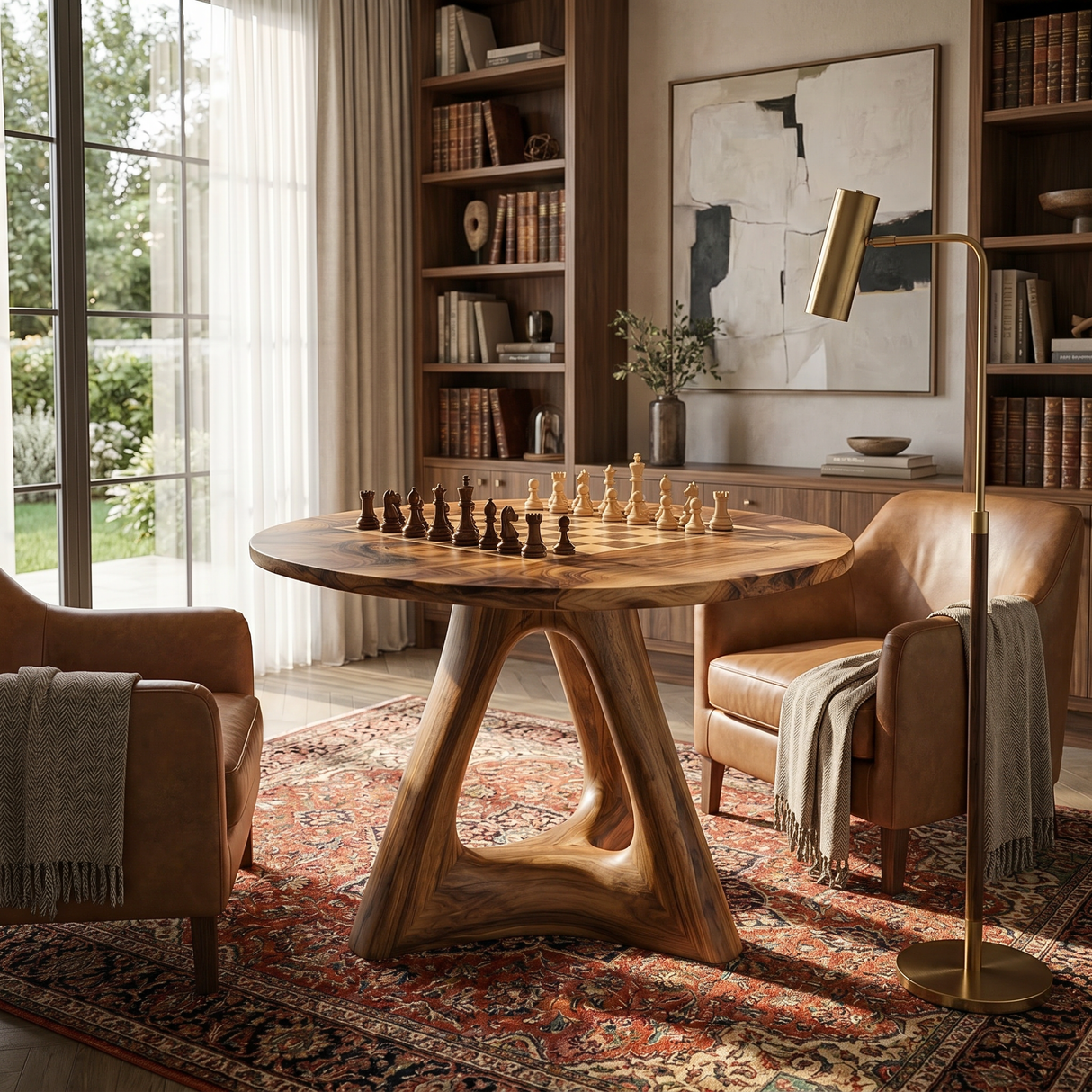 Handcrafted Round Solid Wood Chess Table with Organic Sculptural Base