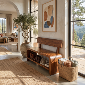 Shoe Bench Solid Wood with Backrest and Open Shoe Shelf for Entryway Storage