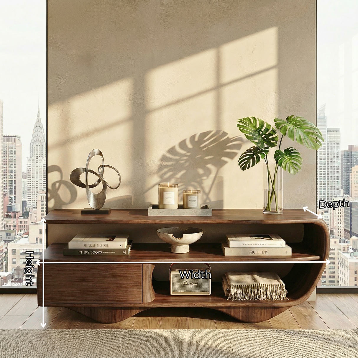 Sculptural Solid Wood Sideboard with Open Shelving and Drawer