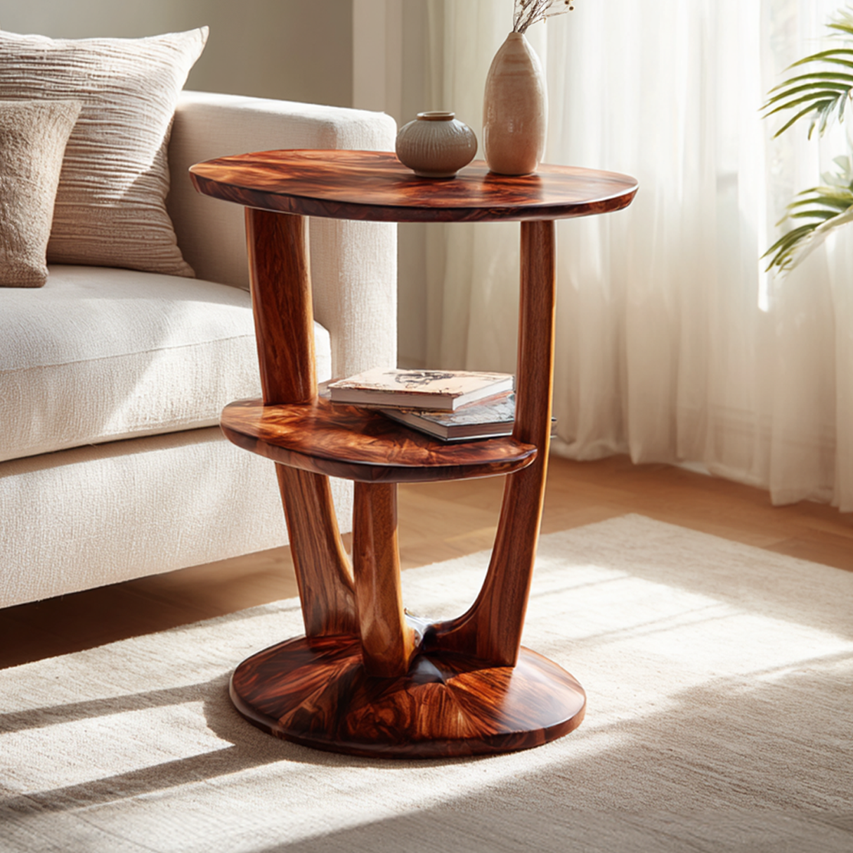 Round Solid Wood Side Table with Sculptural Base and Shelf