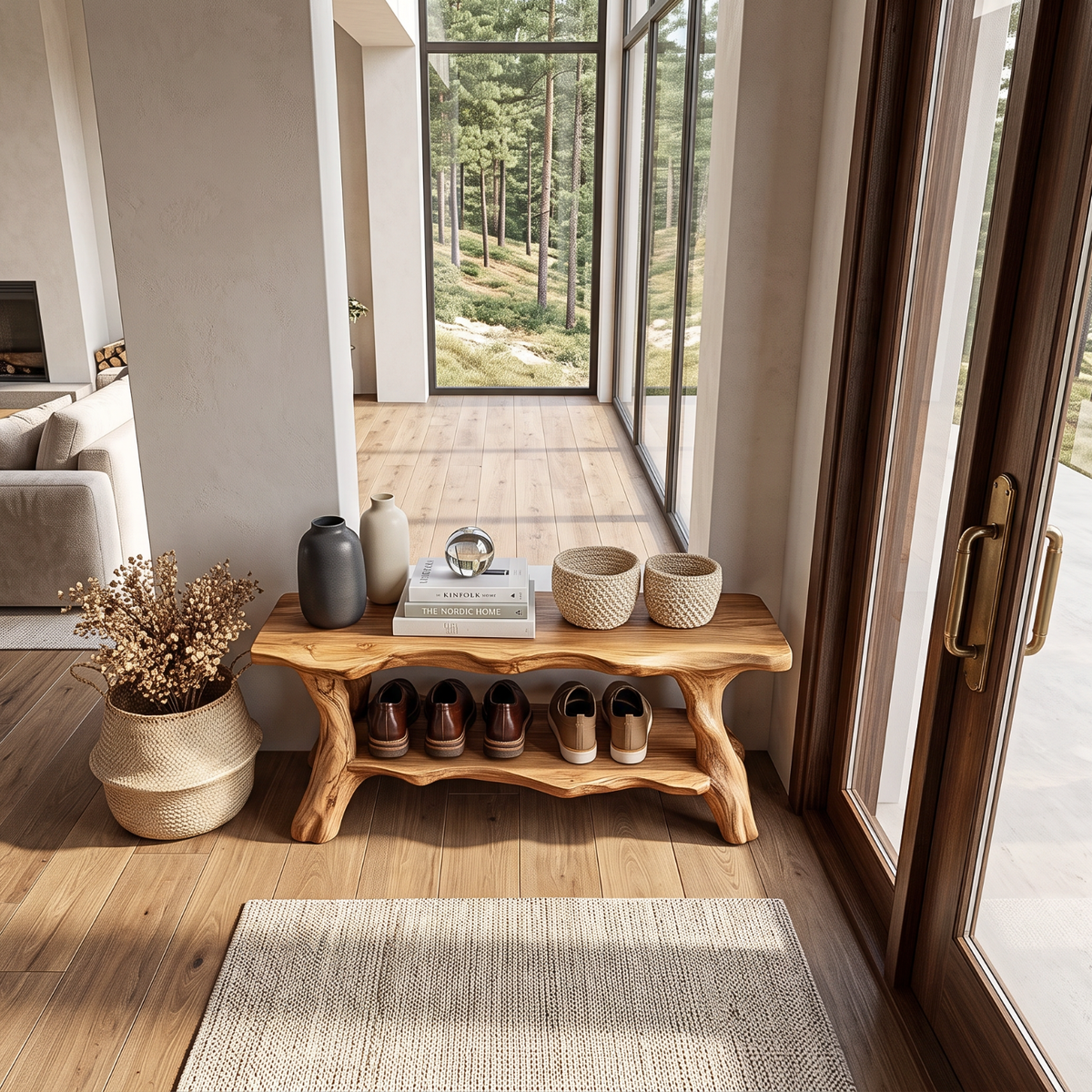 Organic Solid Wood Shoe Bench with Live Edge Seat and Open Storage Shelf