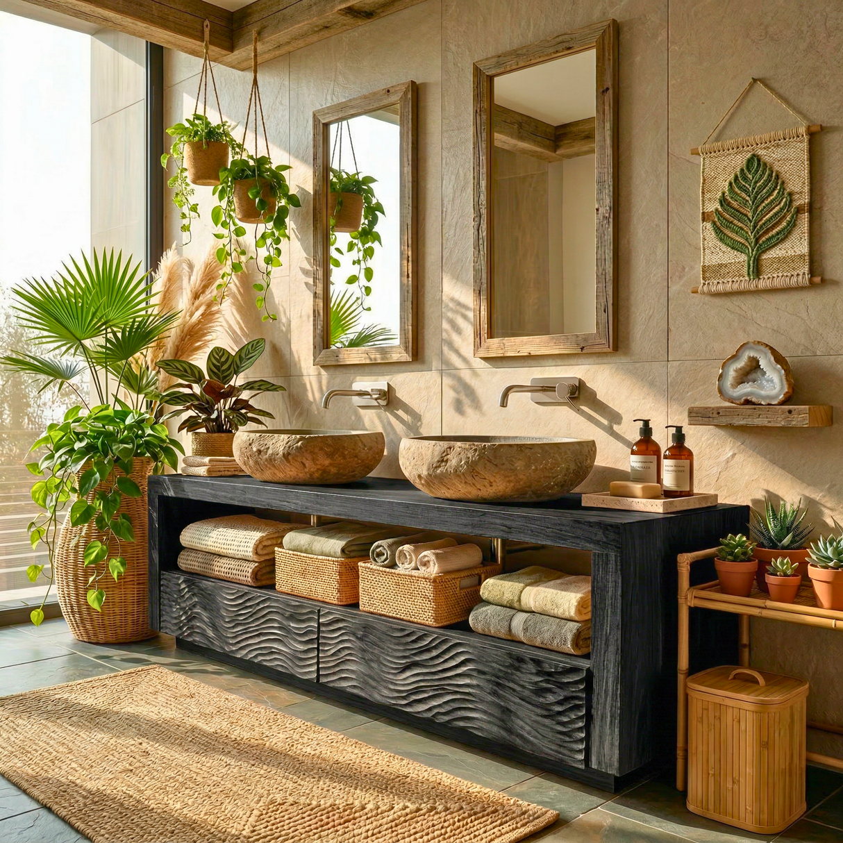 Wood Double Bathroom Vanity with Carved Wave Drawers and Open Shelf