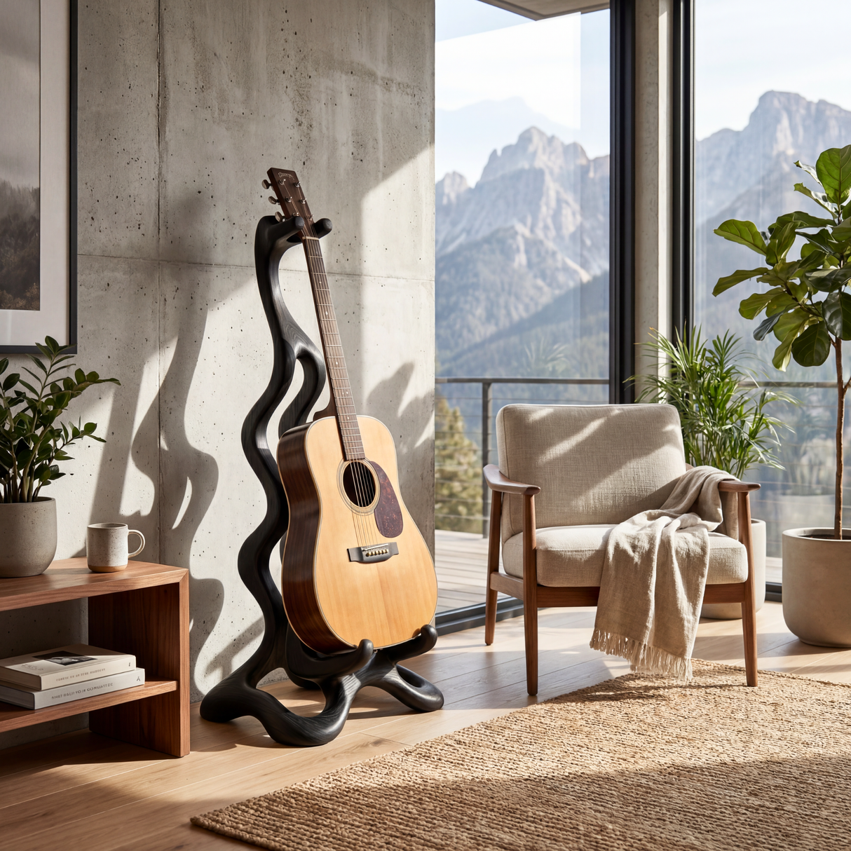 Wooden Guitar Stand with Organic Design for Acoustic Guitar Display