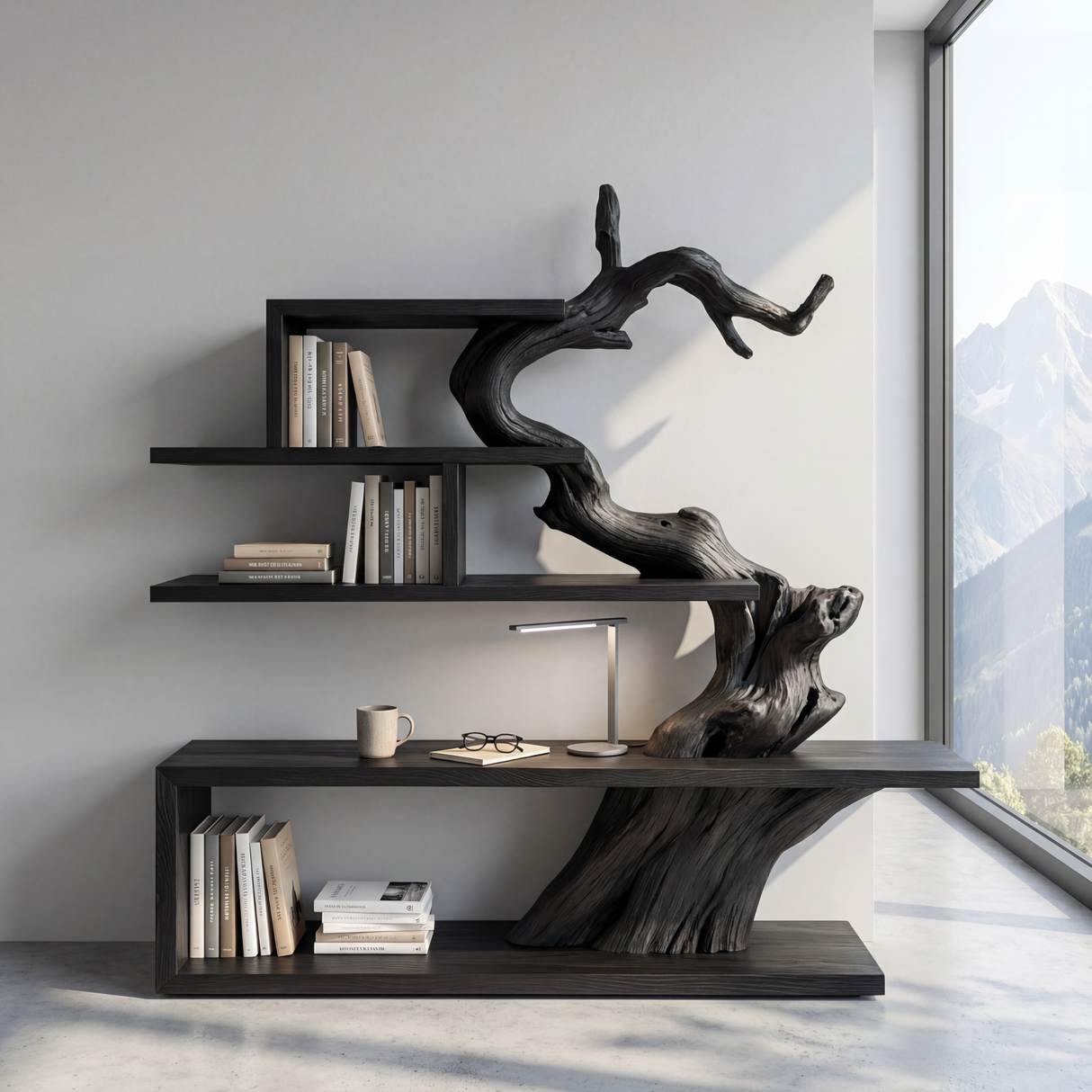 Organic Solid Wood Bookshelf with Sculptural Tree Form Modern Display Shelf Storage Unit