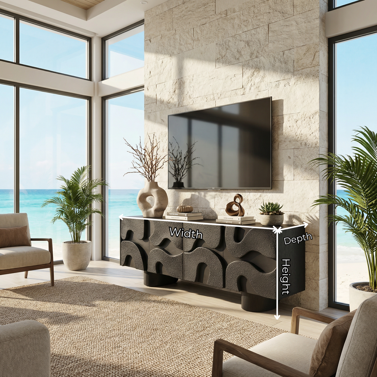 Solid Wood TV Cabinet with Sculptural Wave Relief Doors for Modern Interiors