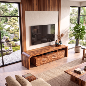 TV Stand with Waterfall Edge Frame and Sculpted Ripple Cabinet Doors