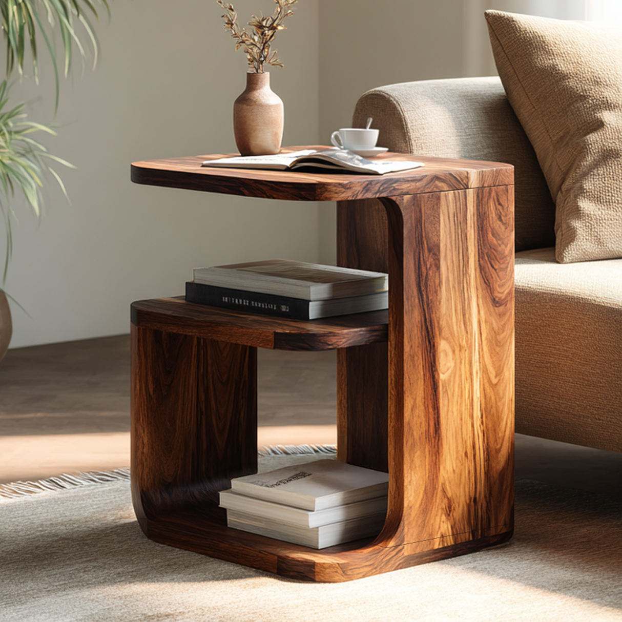 Modern Solid Wood C-Shaped End Table with Storage Shelf