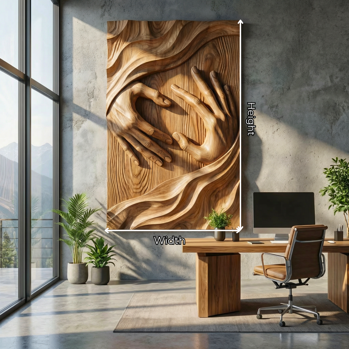 Handcrafted Solid Wood Wall Sculpture with Connected Hands and Flowing Grain Landscape