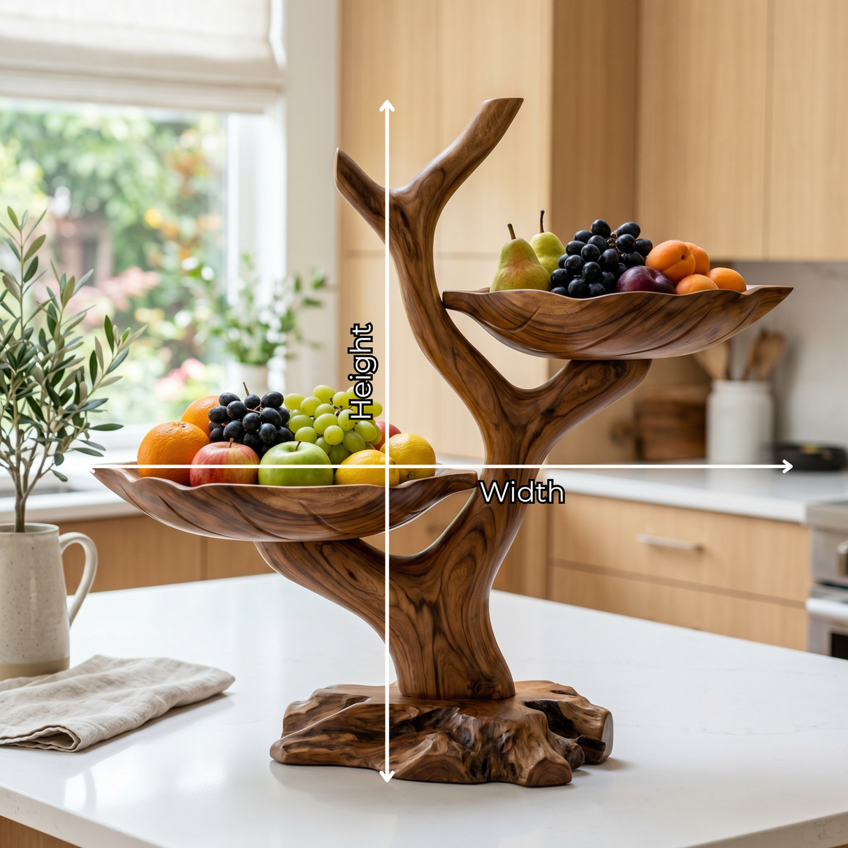 Organic Solid Wood Fruit Display Bowl with Branch Stand and Dual Leaf-Shaped Trays