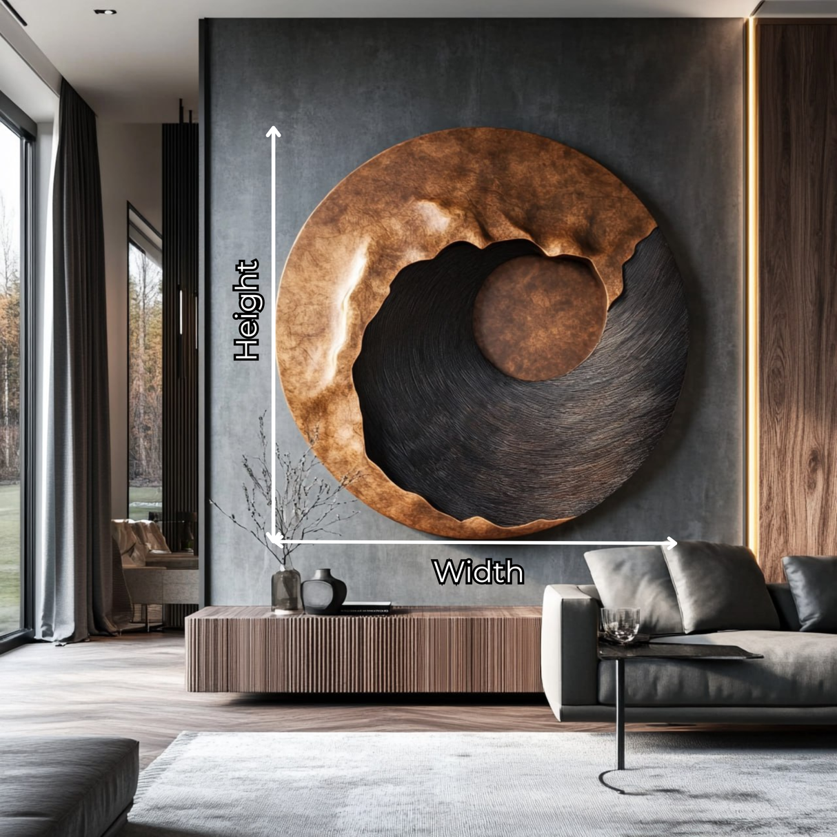 Large Round Solid Wood Wall Sculpture with Black Flow Relief and Warm Grain Halo