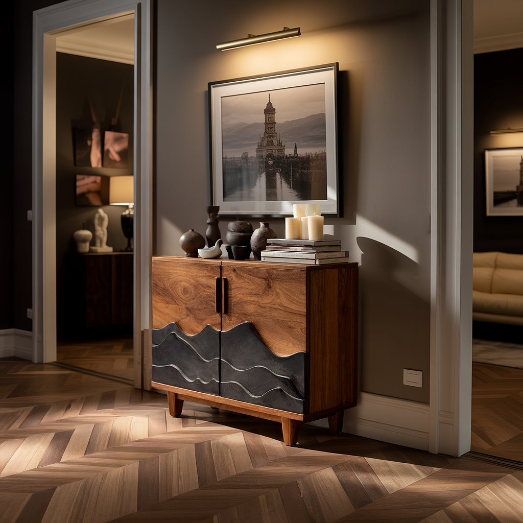 Solid Wood Sideboard with Carved Wave Design Modern Rustic Storage Cabinet Statement Buffet for Living Room