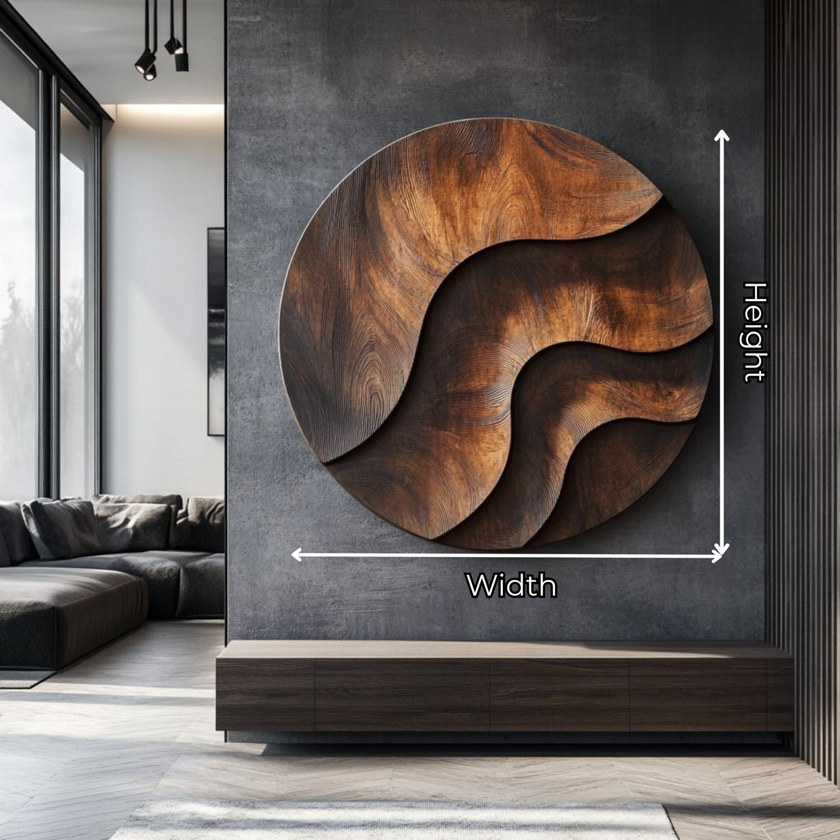 Round Solid Wood Wall Art with Sculpted River Flow and Dark Wood Contrast