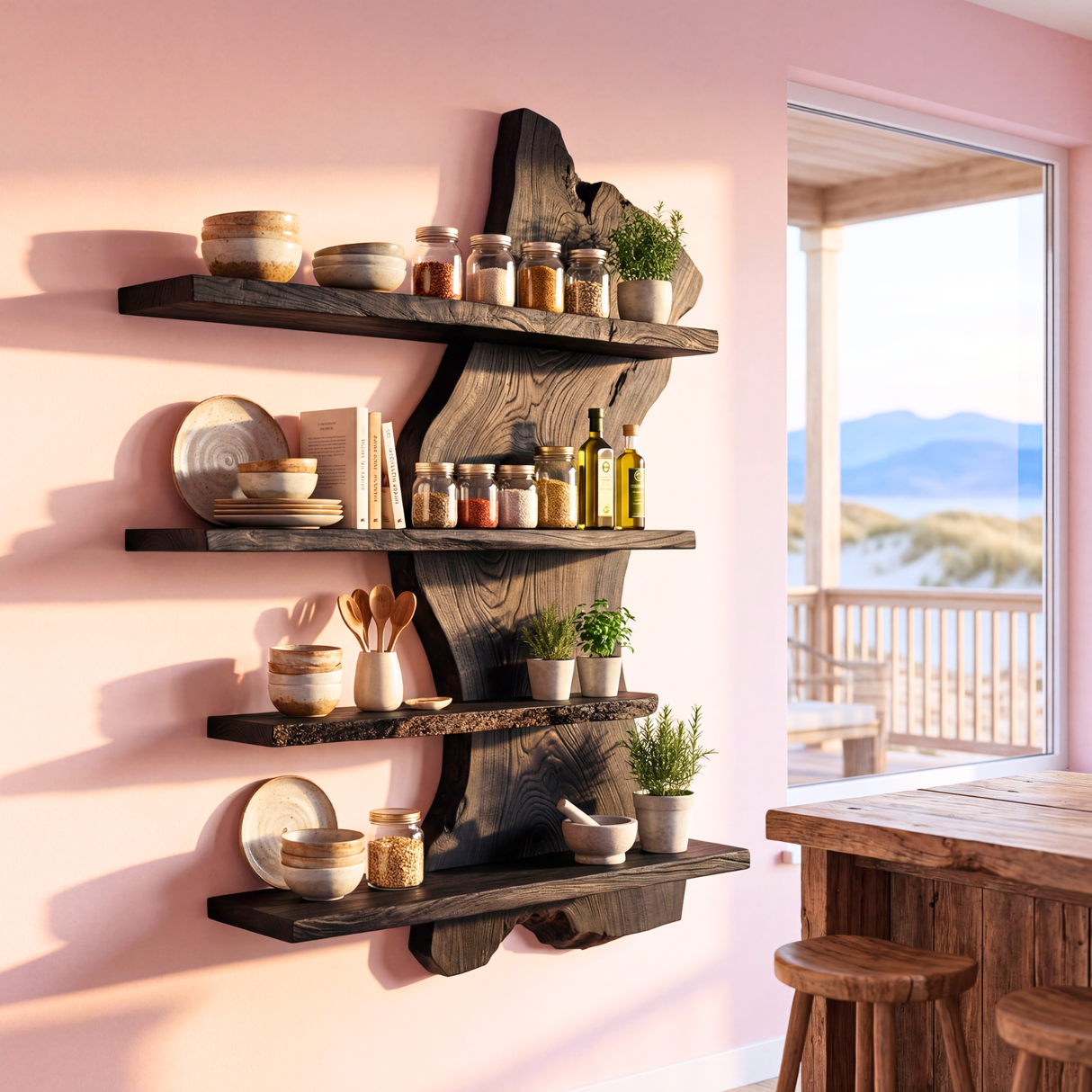 Organic Live Edge Solid Wood Wall Shelf Floating Multi Tier Display for Modern Interior