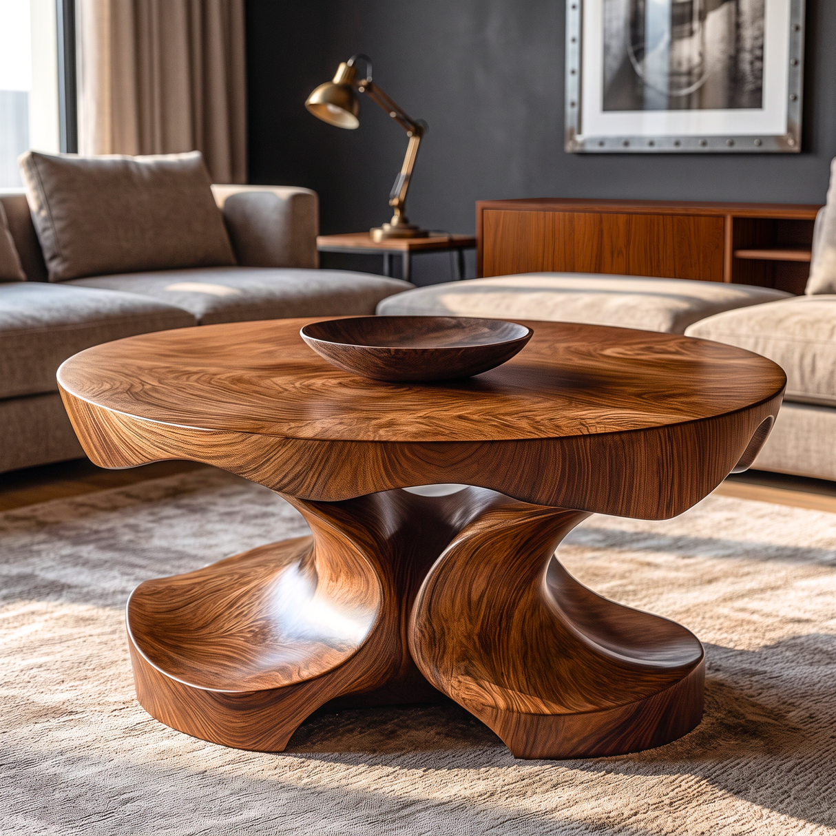 Coffee Table Solid Wood with Sculptural Four-Lobed Pedestal Base for Living Room
