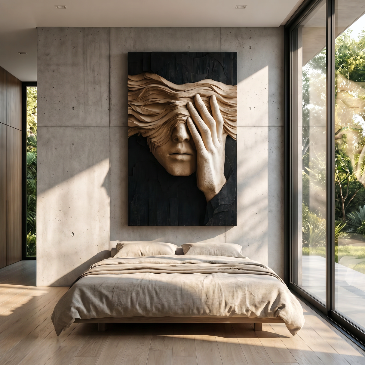 Silent Gaze Wood Wall Sculpture with Flowing Veil