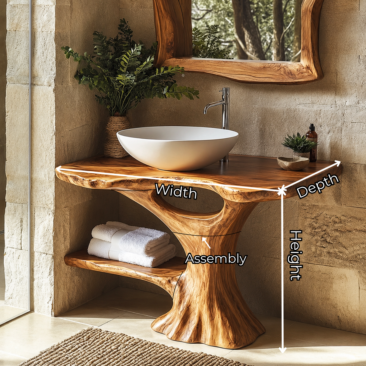 Bathroom Vanity Solid Wood with Organic Trunk Pedestal and Side Shelf for Powder Room