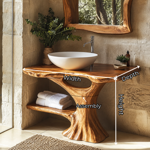 Bathroom Vanity Solid Wood with Organic Trunk Pedestal and Side Shelf for Powder Room