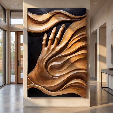 3D Flowing Wave Hand Sculpture Wall Art Solid Wood Handcrafted Decor