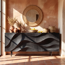 Solid Wood Sideboard Cabinet with Sculpted Wave Front for Living and Dining Room