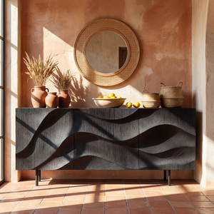 Black Sculpted Wave Front Sideboard Cabinet for Modern Living and Dining