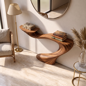 Solid Wood Console Table with Sculptural Sweeping Curve Base for Entryway Decor