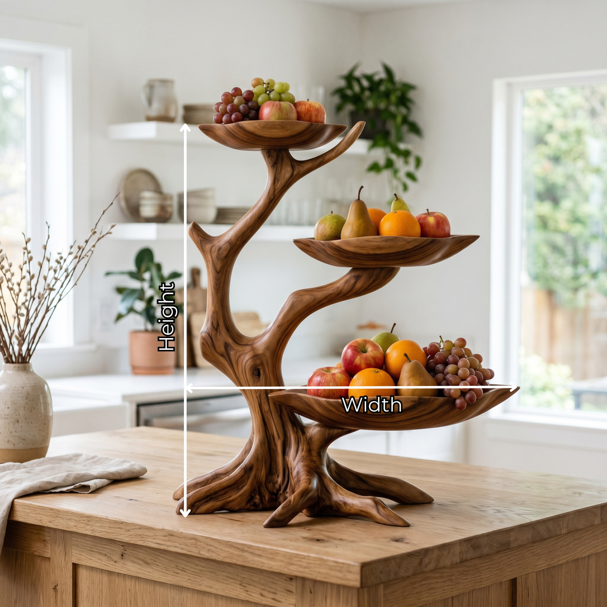 Three-Tier Sculptural Solid Wood Fruit Bowl with Organic Tree Branch Stand